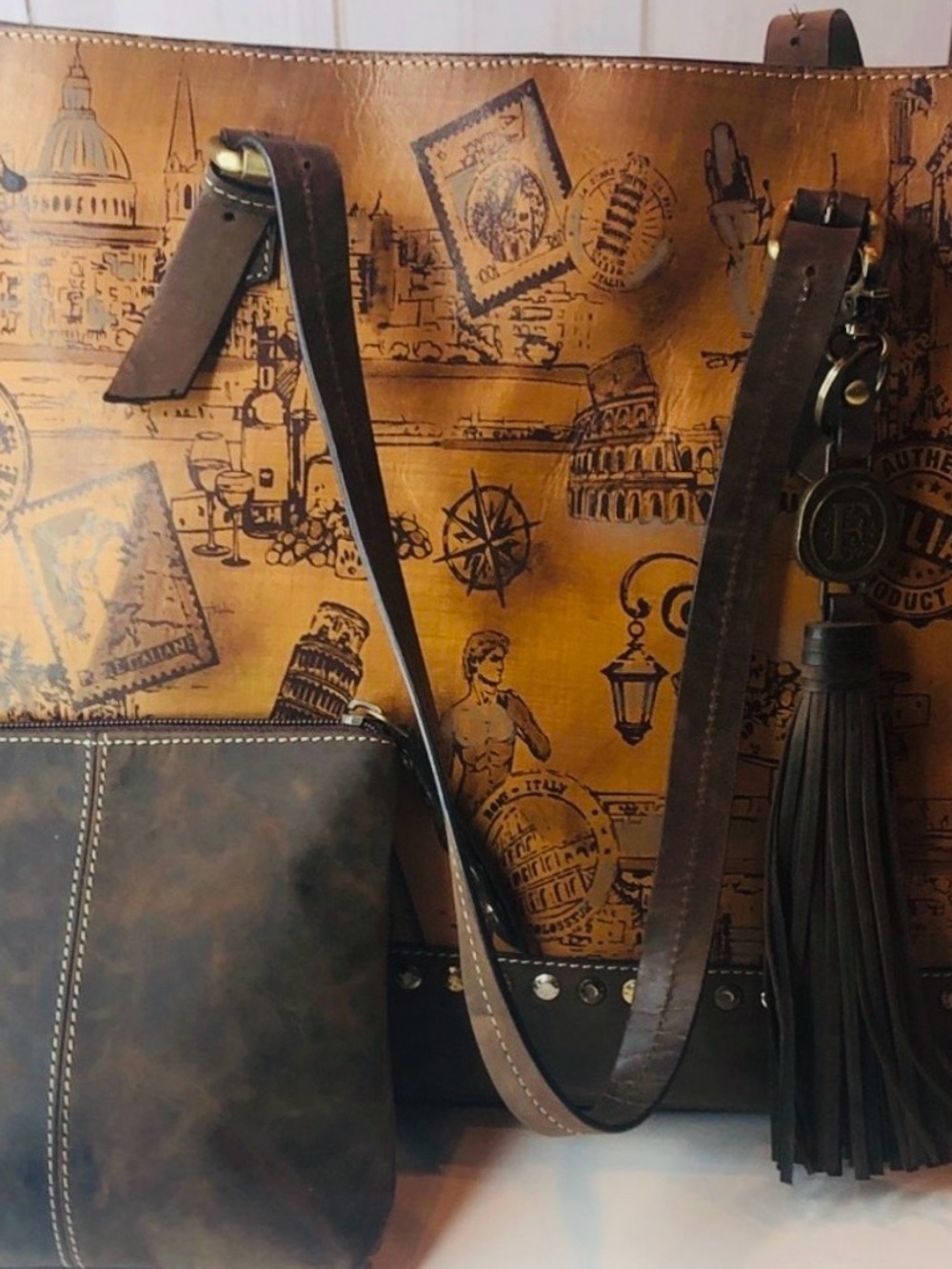 FIRENZE BELLA Brown & Tan Printed Leather Tote Bag Large plus small wallet bag